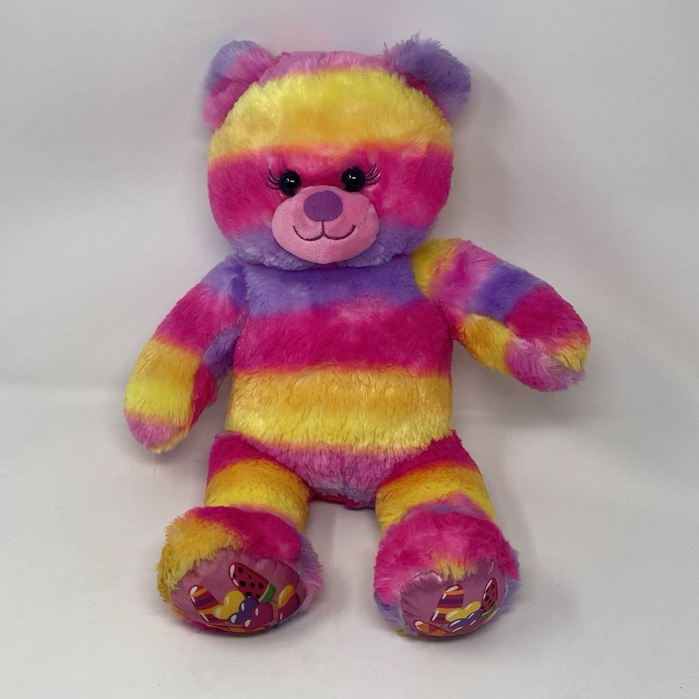 Build a Bear Rainbow Stripes Candy Bear Plush 16" Neon Pink Yellow Purple 2019